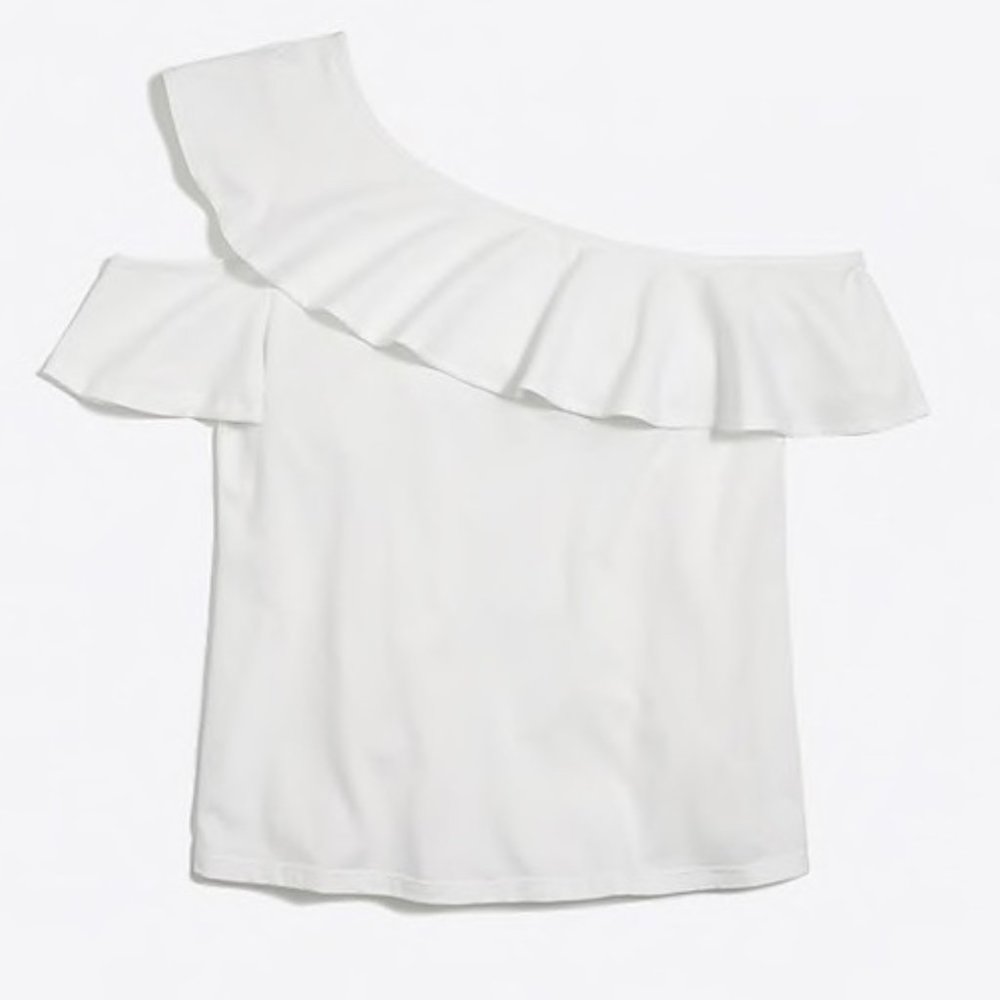 NWT J. Crew Factory White One Sleeve Off Shoulder Ruffle Top Women Size Medium